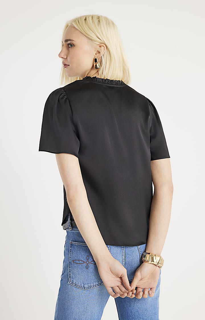 Black Satin Short Angel Sleeve Blouse