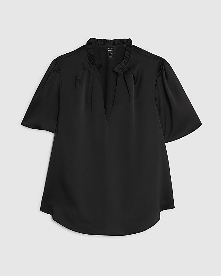 Black Satin Short Angel Sleeve Blouse