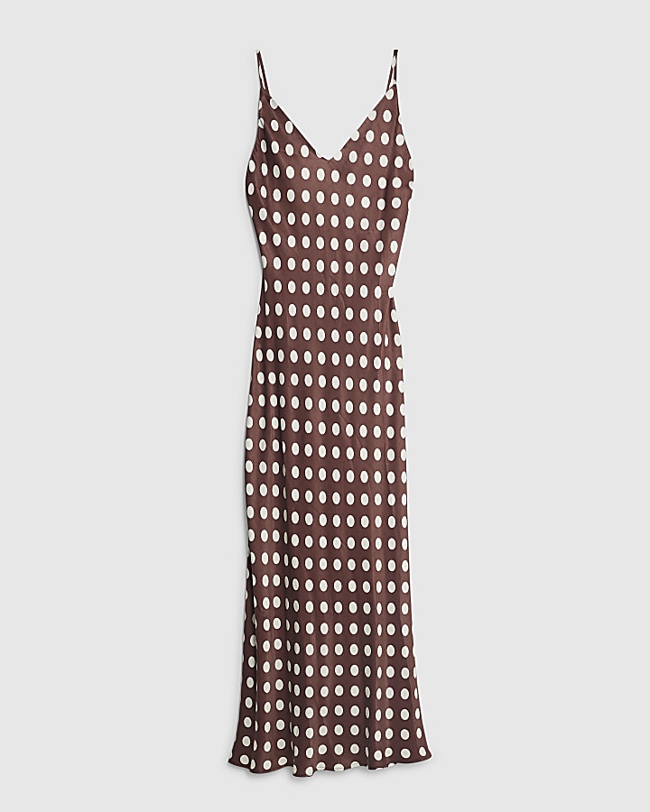 Brown Satin Polka Dot Slip Maxi Dress