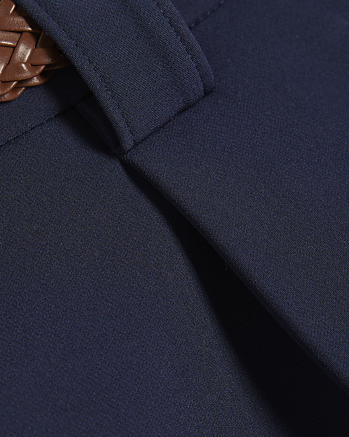 Navy Plaited Belt Tailored Shorts