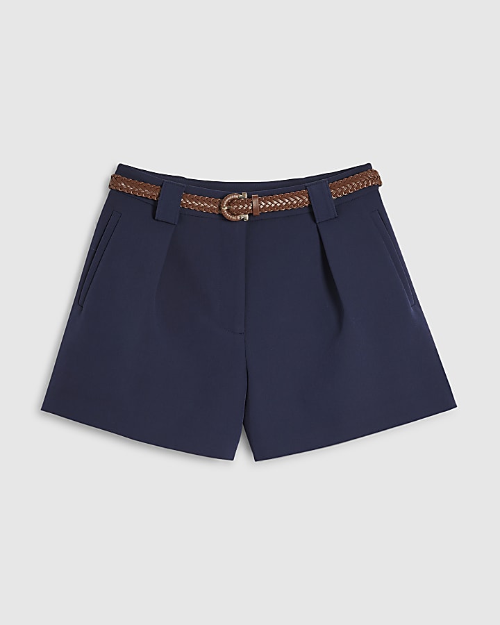 Navy Plaited Belt Tailored Shorts