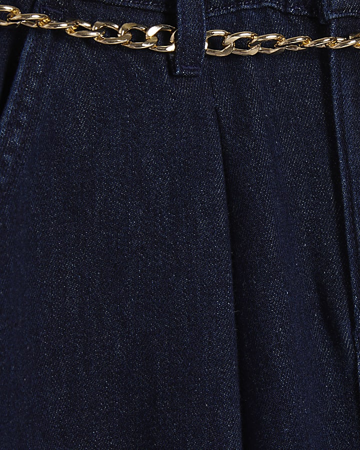 Blue Mid Rise Wide Leg Belted Jeans