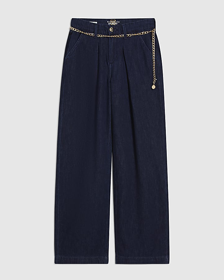 Blue Mid Rise Wide Leg Belted Jeans