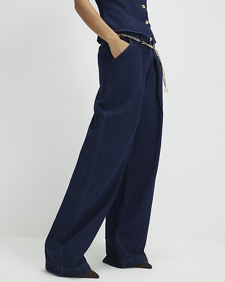 Blue Mid Rise Wide Leg Belted Jeans