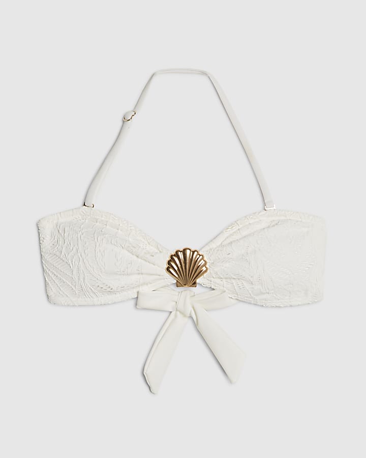 White Textured Shell Bandeau Bikini Top
