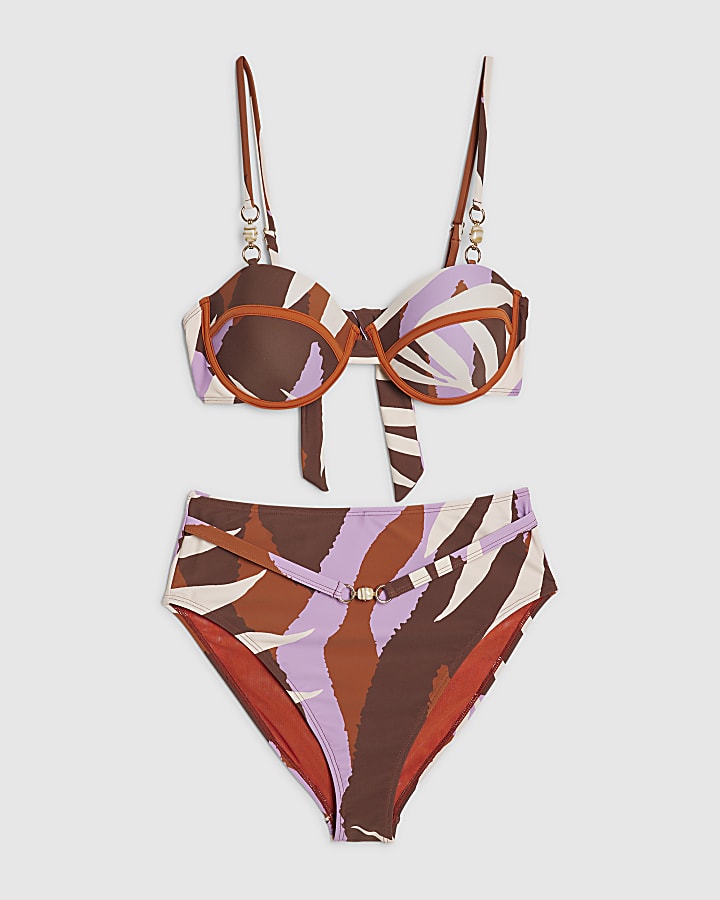 Brown Leaf Print Shaping Bikini Set
