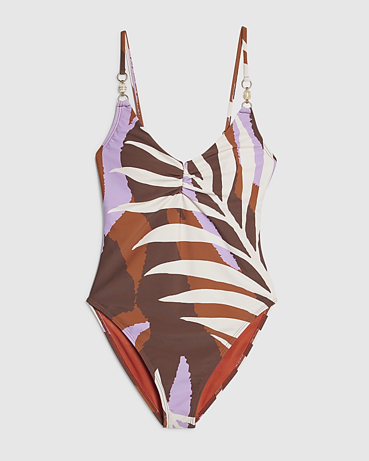 Brown Leaf Print Swimsuit