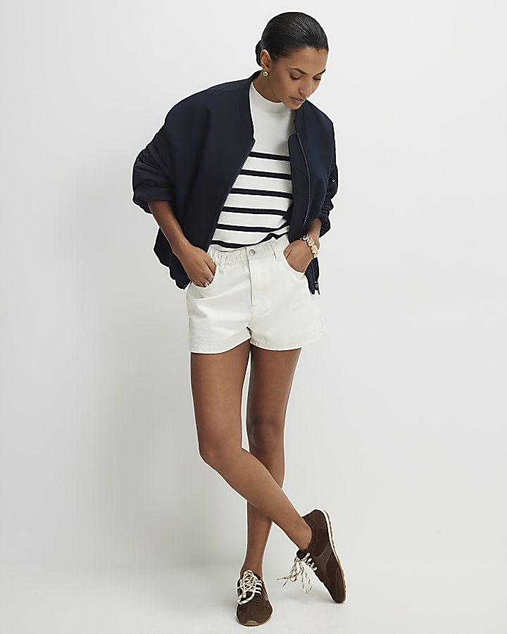 Cream Denim Elasticated A Line Shorts