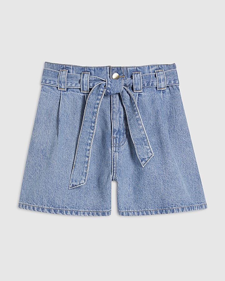 Blue Paperbag Tie Waist Denim Shorts