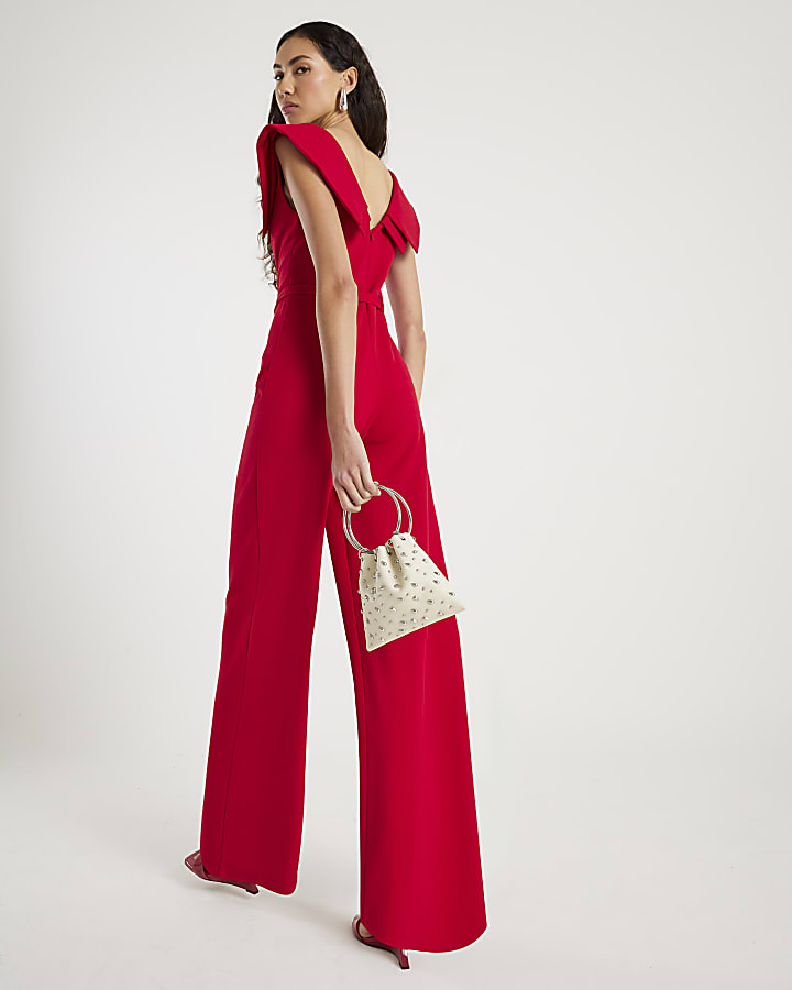 Red Double Collar Belted Jumpsuit