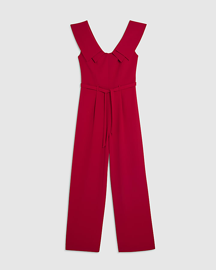 Red Double Collar Belted Jumpsuit