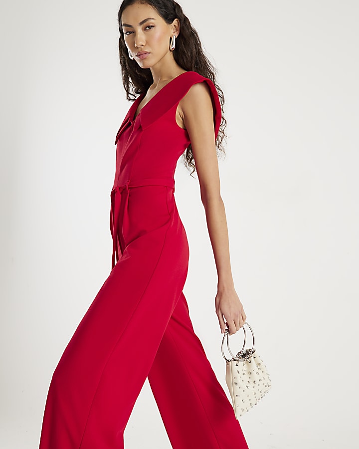 Red Double Collar Belted Jumpsuit