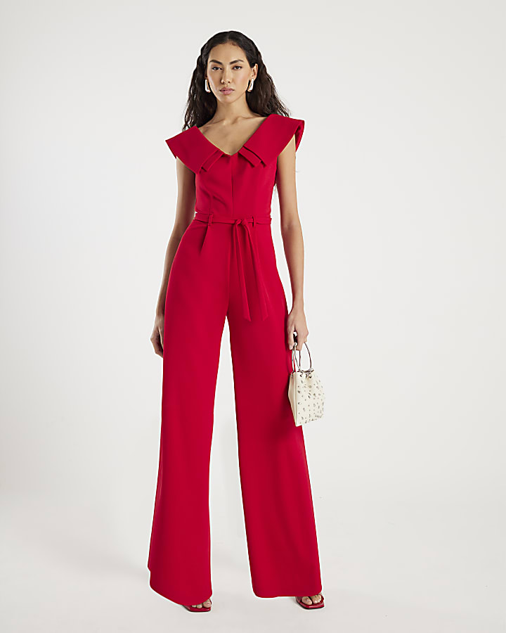 Red Double Collar Belted Jumpsuit