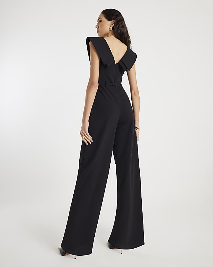 Black Double Collar Belted Jumpsuit