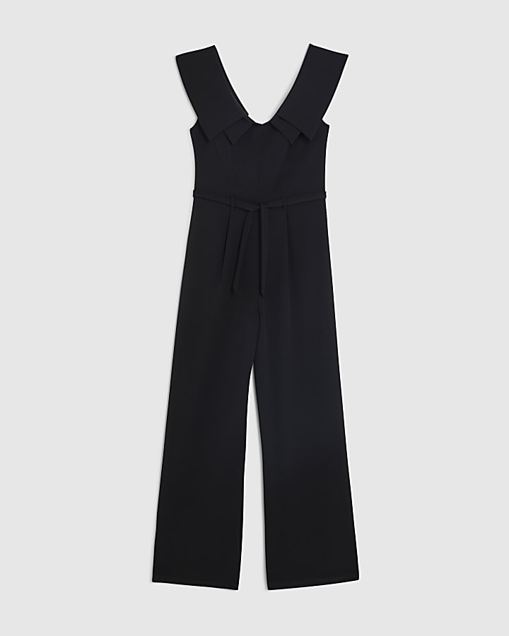 Black Double Collar Belted Jumpsuit