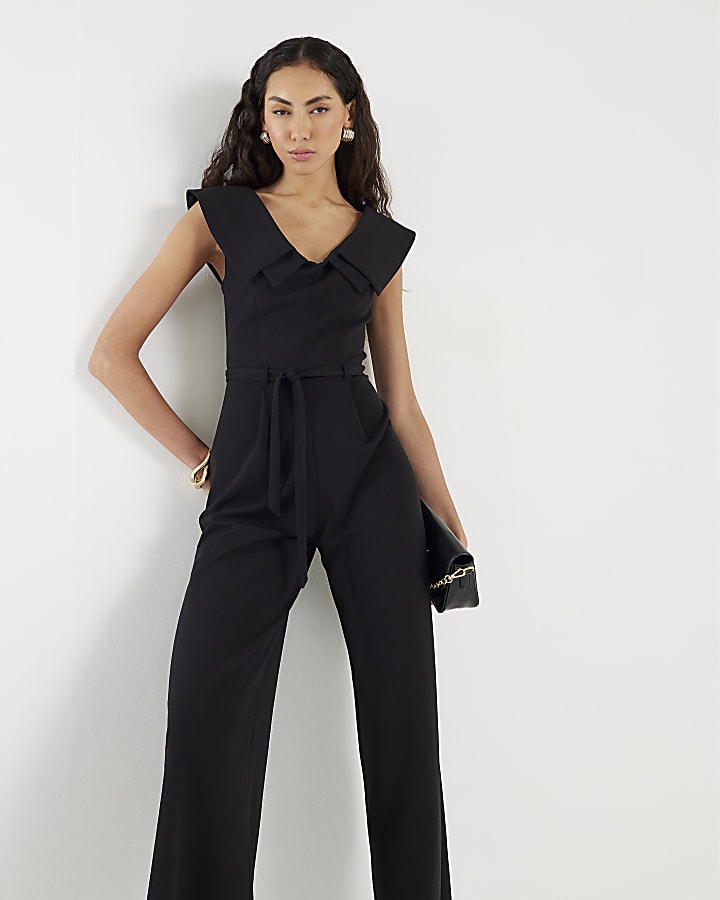 Black Double Collar Belted Jumpsuit