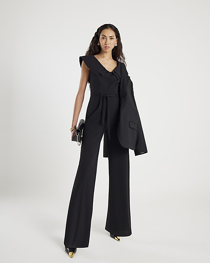 Black Double Collar Belted Jumpsuit