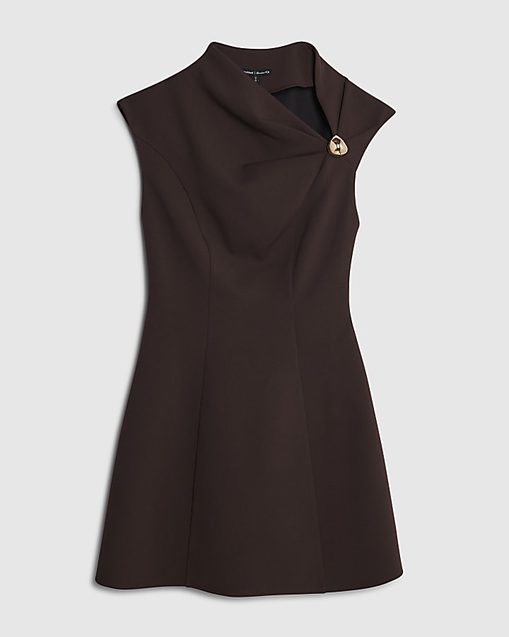 Brown Sleeveless Drape Mini Dress