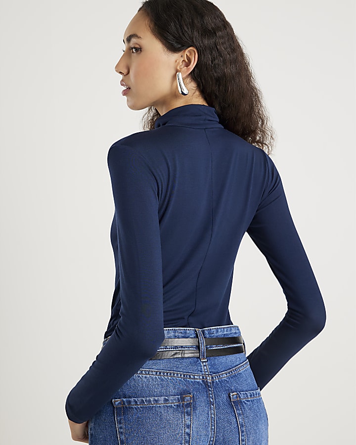 Navy Long Sleeve High Neck Twist Top