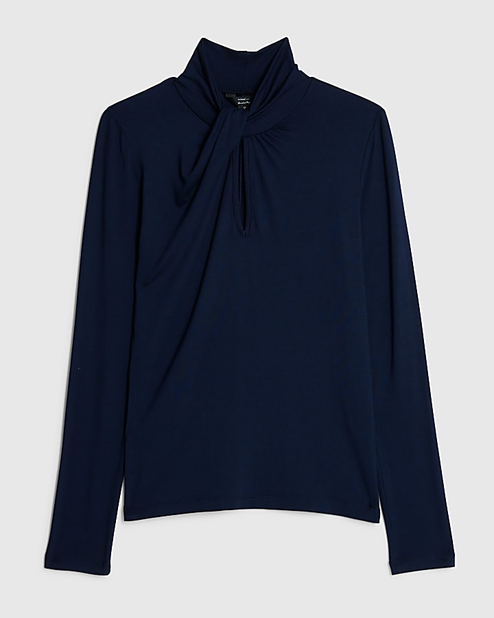 Navy Long Sleeve High Neck Twist Top