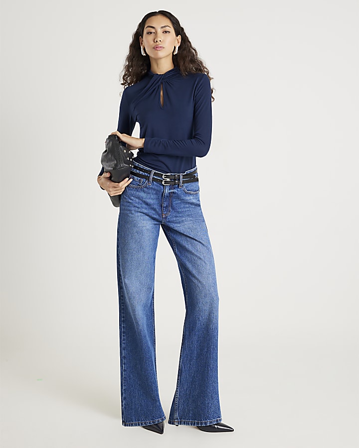 Navy Long Sleeve High Neck Twist Top