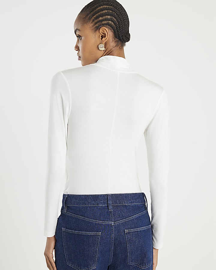 Cream Long Sleeve High Neck Twist Top