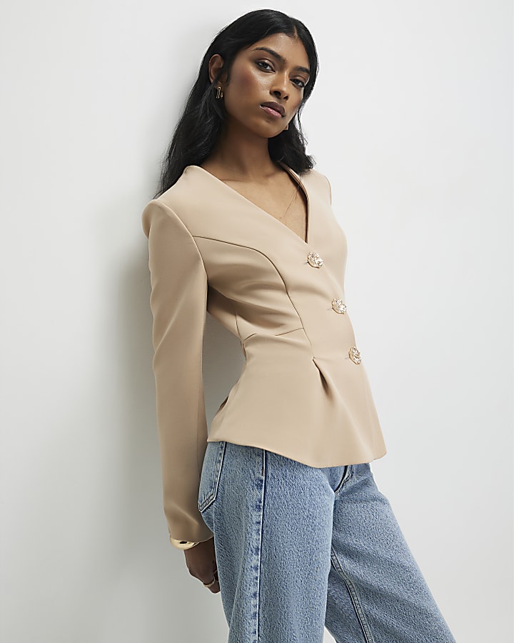 Beige Long Sleeve Pleated Jacket