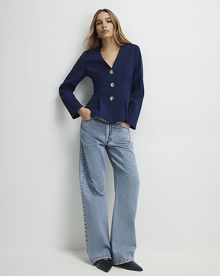 Navy Long Sleeve Pleated Jacket