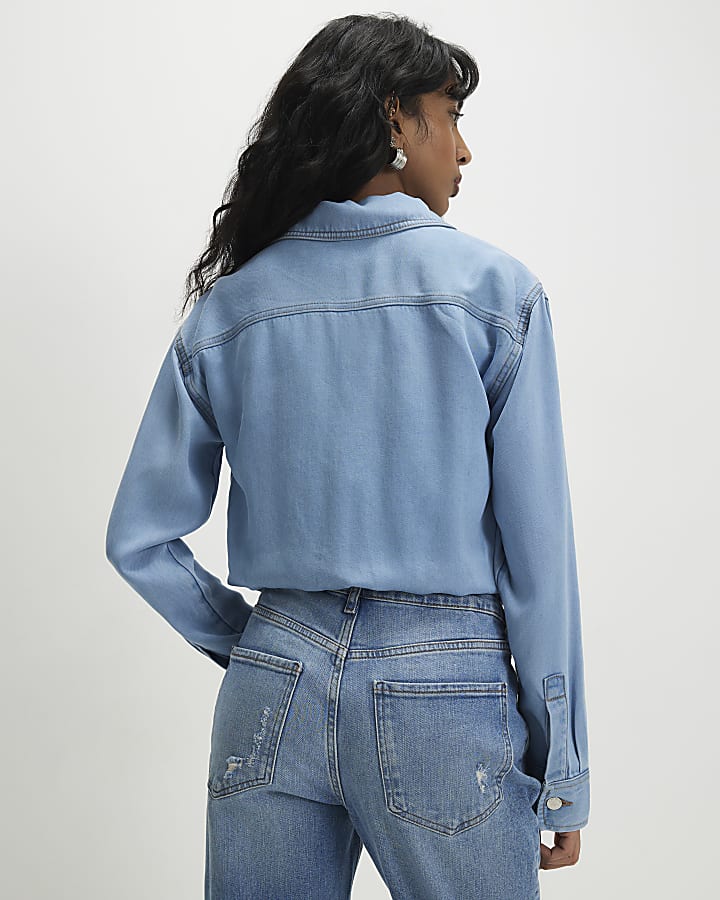 Denim Tencel Bubble Hem Bomber Jacket