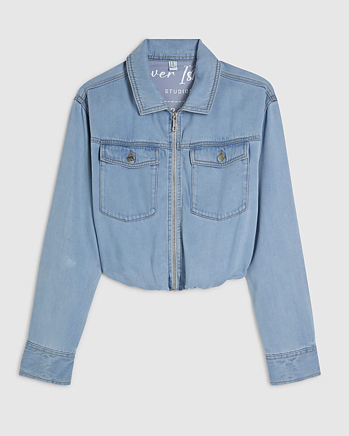 Denim Tencel Bubble Hem Bomber Jacket