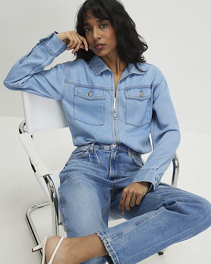 Denim Tencel Bubble Hem Bomber Jacket