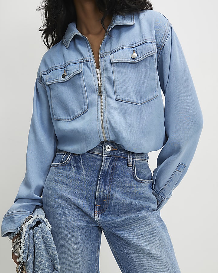 Denim Tencel Bubble Hem Bomber Jacket