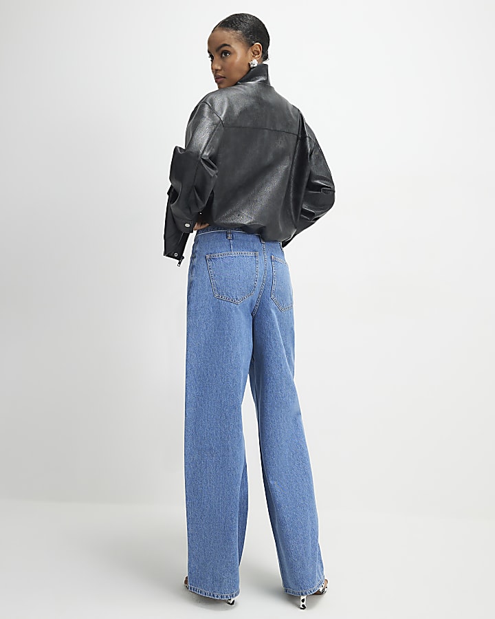 Black Funnel Neck Faux Leather Bomber Jacket