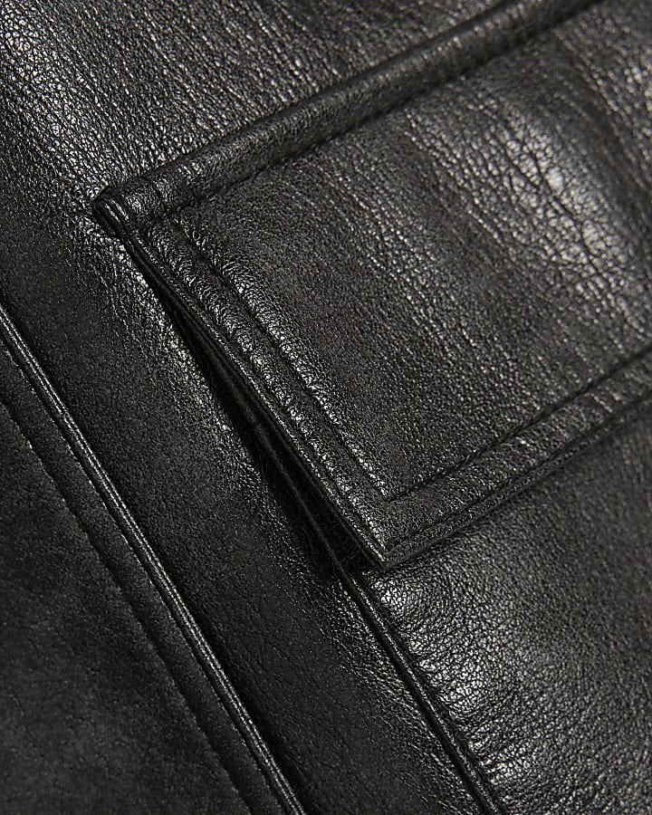 Black Funnel Neck Faux Leather Bomber Jacket