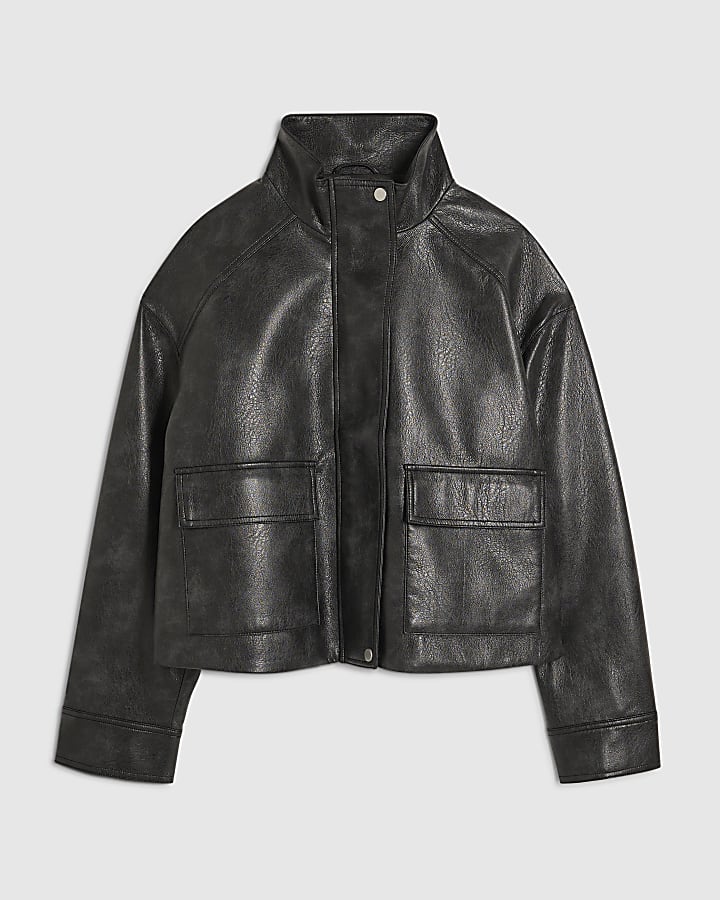 Black Funnel Neck Faux Leather Bomber Jacket