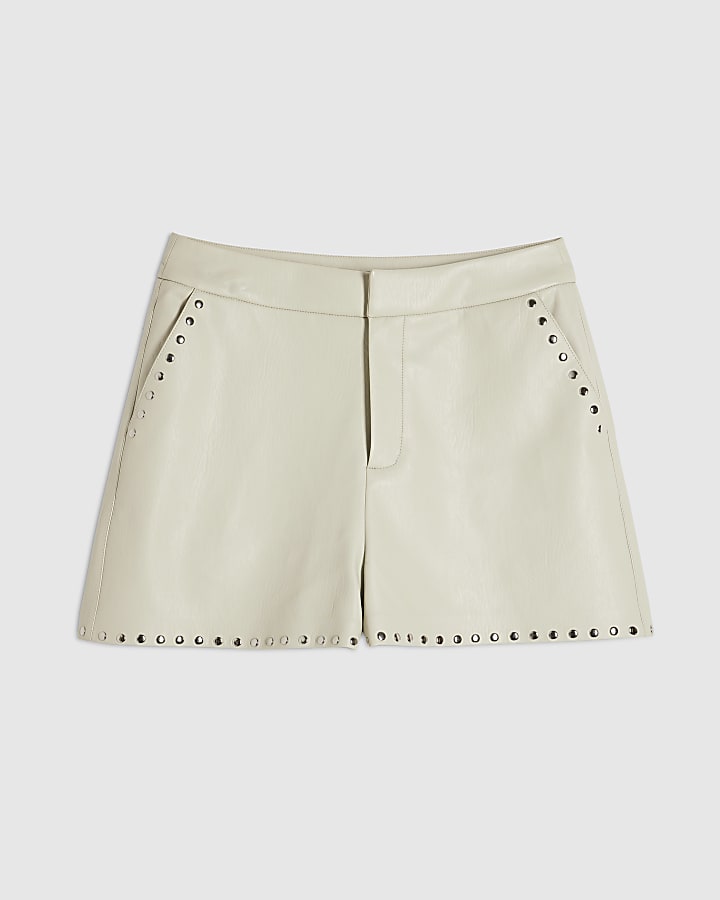 Cream Faux Leather Studded Shorts