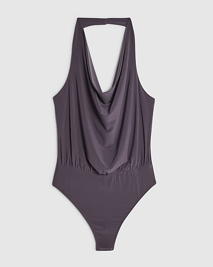 Grey Cowl Neck Halter Bodysuit