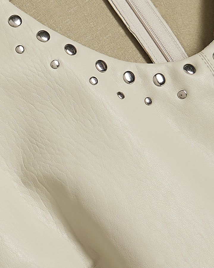 Cream Faux Leather Studded Mini Dress