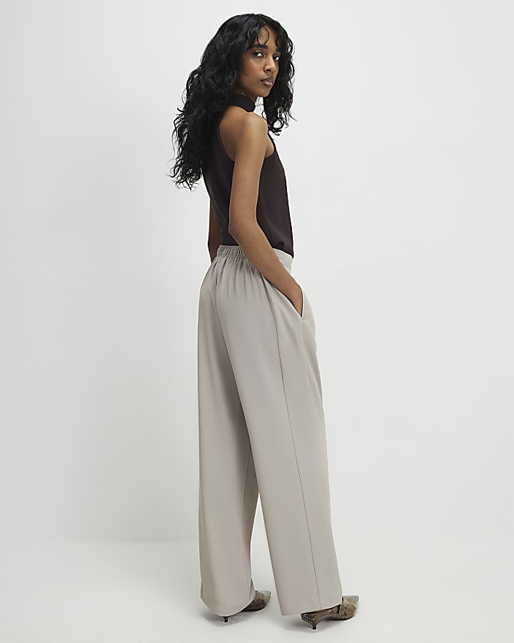 Beige Tailored Elasticated Wide Leg Trousers