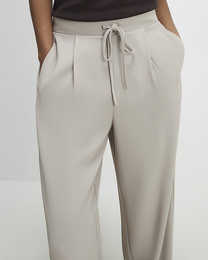 Beige Tailored Elasticated Wide Leg Trousers