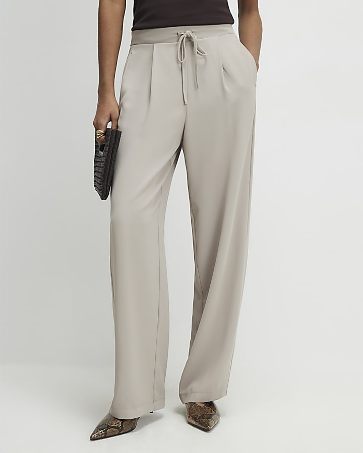 Beige Tailored Elasticated Wide Leg Trousers