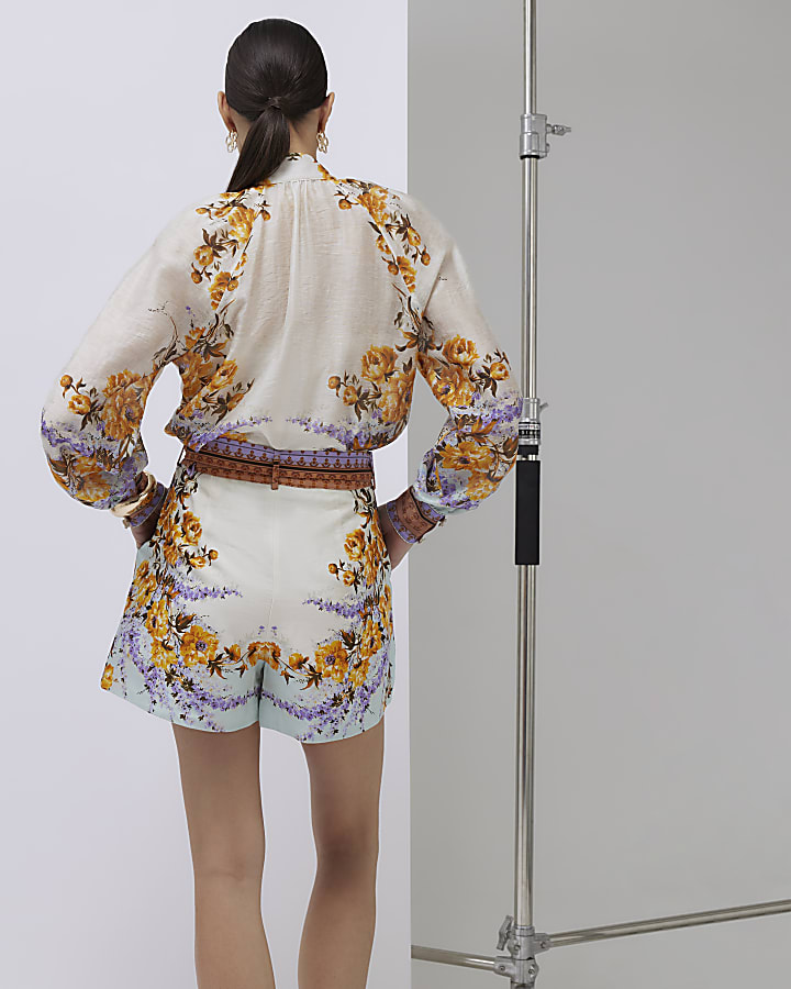 Cream Floral Print Belted Shorts