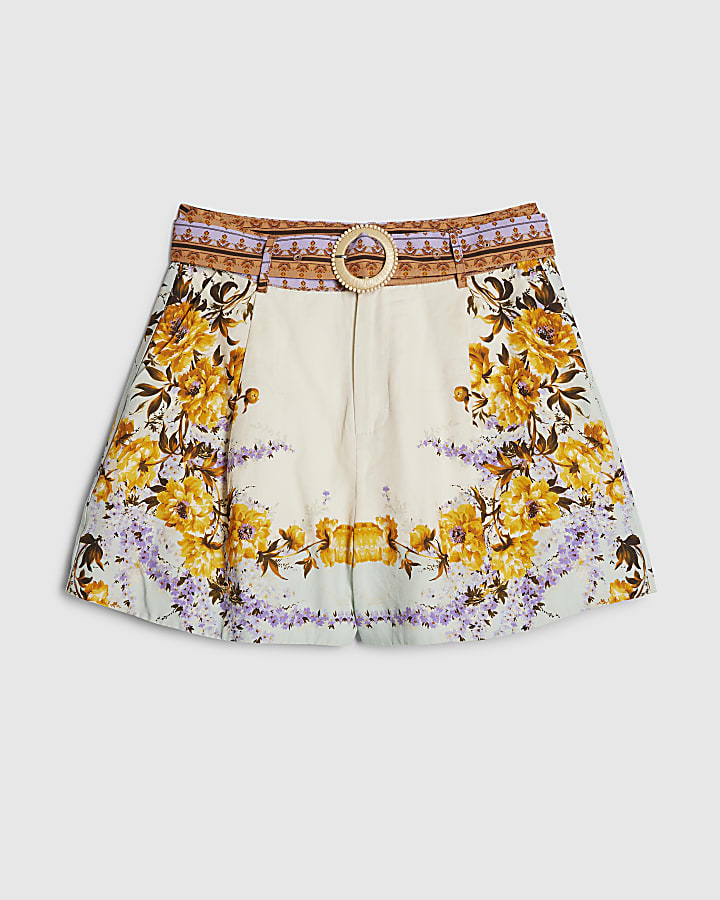 Cream Floral Print Belted Shorts