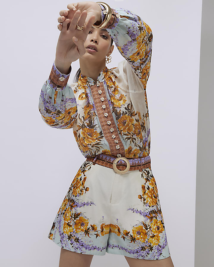 Cream Floral Print Belted Shorts