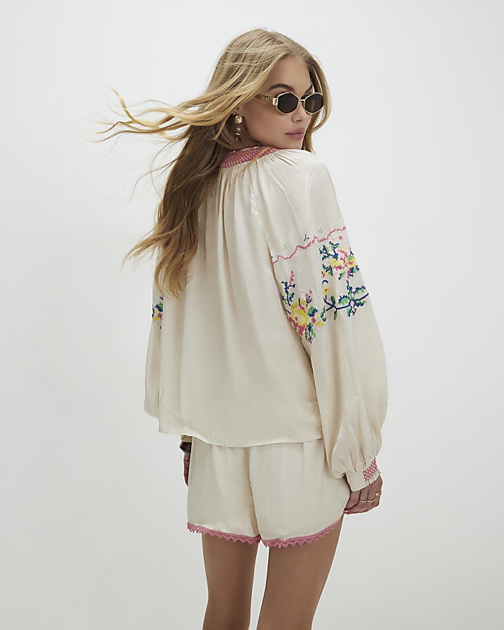 Cream Long Sleeve Embroidered Blouse