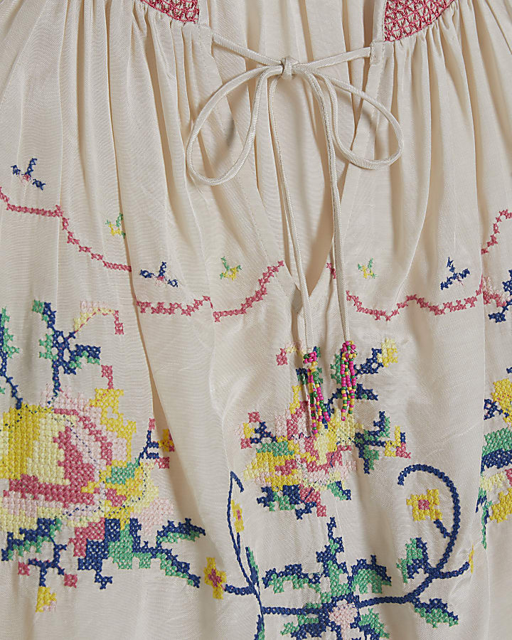Cream Long Sleeve Embroidered Blouse