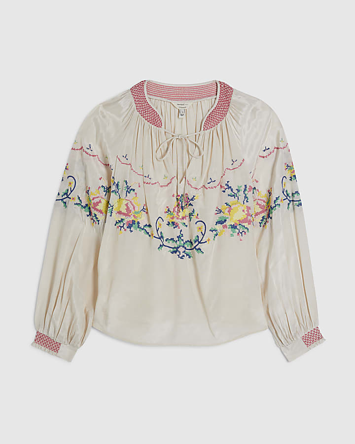 Cream Long Sleeve Embroidered Blouse