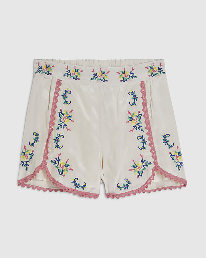 Cream Floral Embroidered Shorts