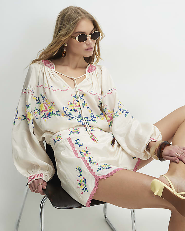 Cream Floral Embroidered Shorts