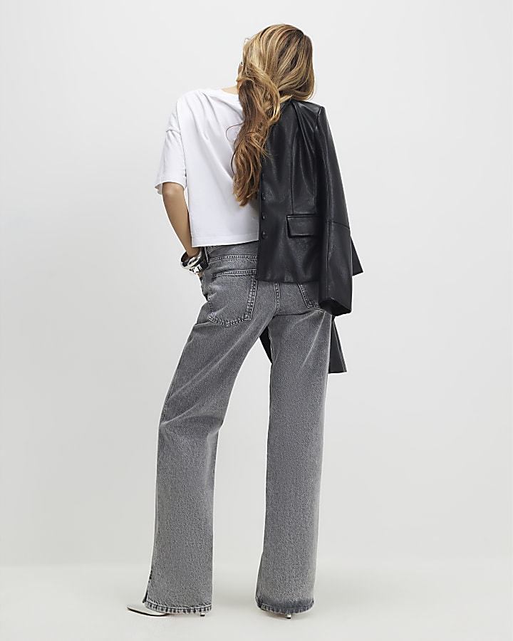 Grey Split Hem Straight Leg Jeans